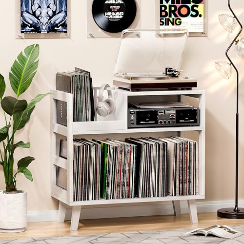 Uoders Record Player Stand with Vinyl Storage, Mid-Century Modern Turntable Stand Holds 150+ Albums, Record Player Table with Metal Dividers, Wood Media Console for Living Room (White, Single-Sided Small) UODERS