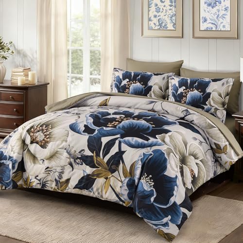 Dintszyayue Brown Comforter Set King Size, 7 Pieces Floral Bed in a Bag Set, Texture Blue Flower Bedding Sets, Soft Microfiber for All Season with Flat Sheet Fitted Sheets Pillowcases and Shams Dintszyayue