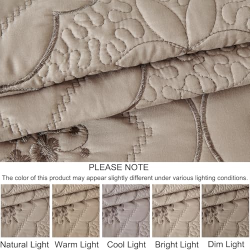 Cmfshape Floral Embroidery Quilt Set,3 Pieces King Quilt Bedding Set,Classic Diamond Pattern Quilts,Ultra Soft Lightweight Reversible Bedspread Coverlets for All Season(Taupe,102"x90") Cmfshape
