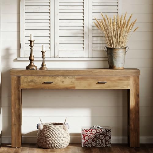 Tribesigns 63" Console Table, Farmhouse Entryway Table with 2 Drawers and H-Shaped Sturdy Legs for Hallway, Living Room, MDF, Light Brown Tribesigns