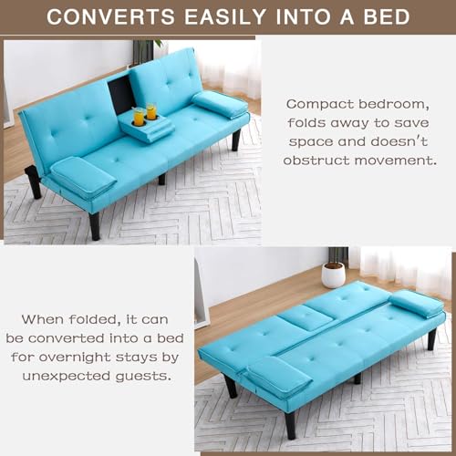 ODOLAR 67" Futon Sofa Bed,Convertible Sofa Bed with 2 Cup Holders,Sleeper Couch PVC Leather Removable Soft Armrest Small Couch for Living Room Apartments (Blue) ODOLAR