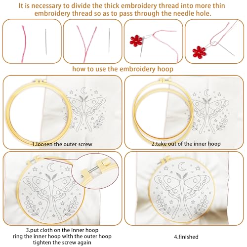 BEUNITONE 6 Set Moth Embroidery Kit for Adults Beginners, DIY Needlepoint Craft Kits with Instructions and Hoops, Complete Starter Set for Adults, Funny Hand Embroidery for Fabric and Home Decor