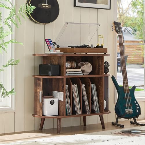 LELELINKY Large Round Record Player Stand with Charging Station & Fluted Panel, Brown Mid Century Modern Turntable Cabinet with Vinyl Storage, Arched Wood Record Player Table for Living Room LELELINKY