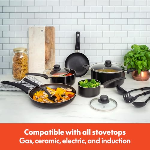 bella Cookware Set, 12 Piece Pots and Pans with Utensils, Nonstick PFOA Free Scratch Resistant Cooking Surface Compatible with All Stoves, Nylon and Aluminum, Black BELLA