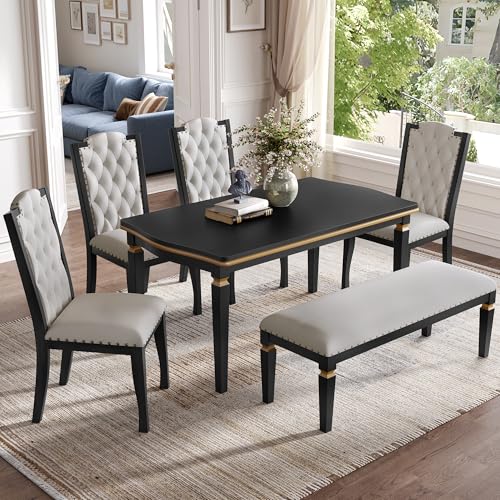 Merax 6-Piece Dining Table Set, 60" Solid Wood Rectangular Table with 4 Upholstered Chairs and 1 Bench, Modern Farmhouse for Kitchen Room, Black Merax