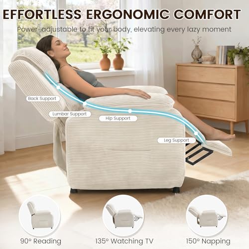 EROMMY Electric Recliner Chair, Oversized Power Recliner with USB Charging Port & Side Pockets, Heavy Duty Corduroy Reclining Sofa Chair, Wide Seat Living Room Chair for Adults, Beige