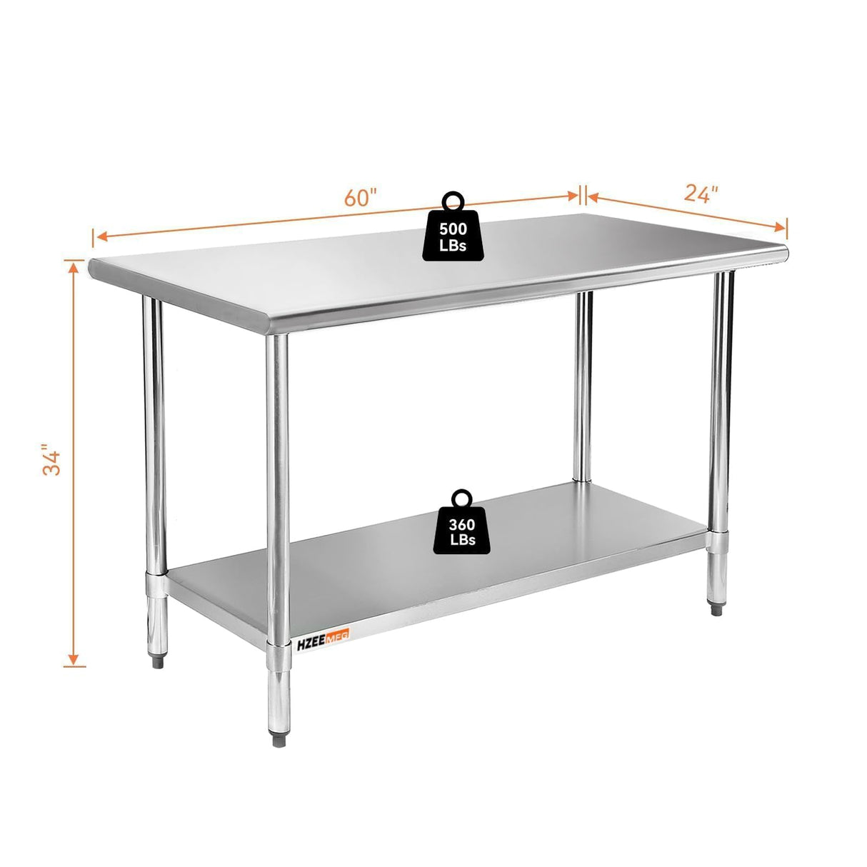 HZEEMFG Stainless Steel Table for Prep & Work 60 x 24 inches,5ft,Heavy Duty Metal Table with Adjustable Undershelf for Commercial Kitchen, Restaurant, Home, Hotel, Laundry Room,Garage, Workshops HZEEMFG