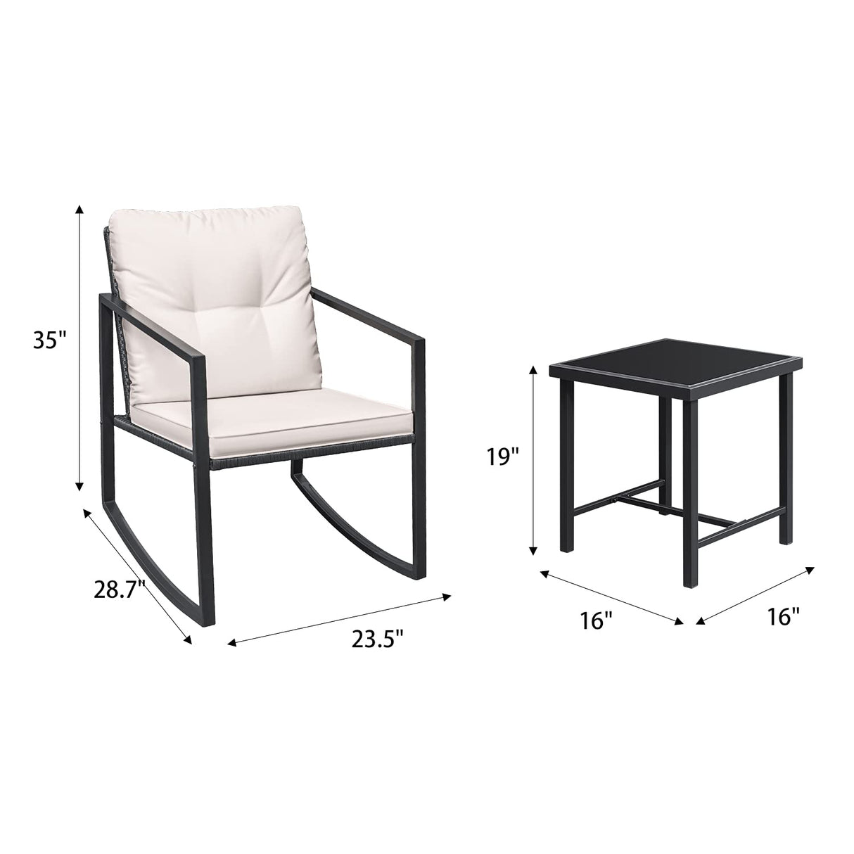 Greesum 3 Pieces Rocking Wicker Bistro Set, Patio Outdoor Furniture Conversation Sets with Porch Chairs and Glass Coffee Table, Beige Greesum