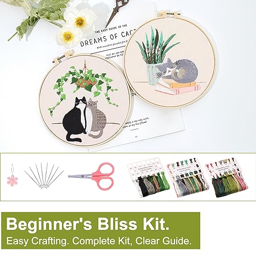 Santune 3 Pack Embroidery Kit for Beginners with Pattern, Cross Stitch Kits for Adults with Instructions,Needlepoint Kits for Adults Include 1 Embroidery Hoops,Color Threads and Needles(Cat)