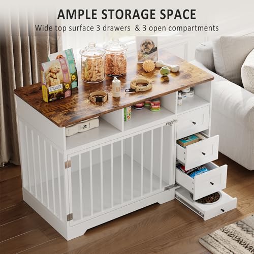48'' Dog Crate Furniture, Farmhouse Heavy Duty Dog Kennel with Bowl & Storage Drawers, Medium Dog Cage End Table for Small Medium Dogs, White GarveeLife
