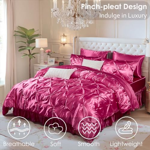 Bedbay Hot Pink Comforter Set,Satin Queen Comforter with Sheets,Bed in a Bag Queen,Pinch Pleat Bedding Set,Hot Pink Pintuck Luxury Bed Set 10 Pcs,Soft Lightweight Silk Like Satin Bedding Set Bedbay