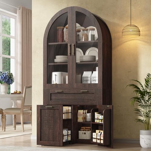 Itaar 71" Arched Kitchen Pantry Cabinet, Kitchen Storage Cabinets with 1 Large Drawer & Storage Cart 2 Tier & Door Shelves for Living Room, Dining Room, Brown Itaar