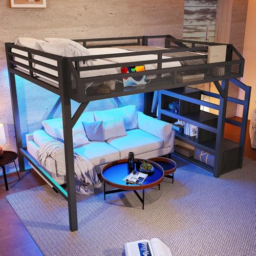 Bellemave Full Loft Beds with Storage Beside Shelves and Wardrobe, Metal Loft Bed with LED Lights and USB Ports, Heavy-Duty Loft Bed Frame for Teens, Adults, Noise-Free & Space-Saving, Black Bellemave