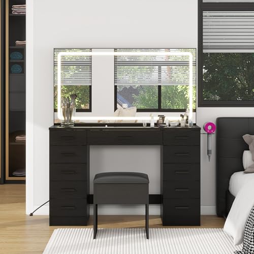 Vanity Desk with 11 Drawers,Glass Top Makeup Table with Mirror and LED Lights Vanity Table with Stool 3 Lighting Modes Brightness Adjustable Dressing Table with Power Outlet&Hair Dryer Holder (Black) Panana
