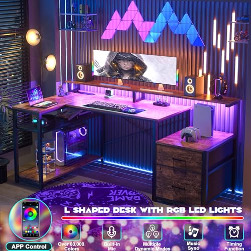 Aheaplus L Shaped Desk with File Drawer, Reversible L Shaped Computer Desk Gaming Desk with Power Outlet & LED Strip, Home Office Desk Corner Desk with Monitor Shelf, Storage Shelves, Rustic Brown Aheaplus