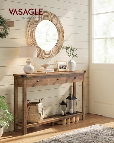 VASAGLE LIRY Collection - Console Table with 3 Drawers and Open Storage Shelf, Narrow Entryway Sofa Table for Living Room, Farmhouse Style, Metal Corners, Honey Brown ULNT142KB02S VASAGLE