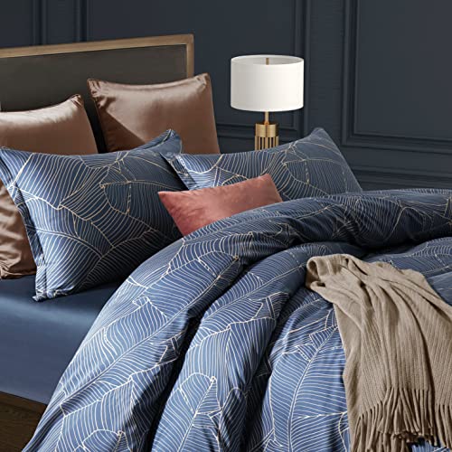 Get Bed Ready Unique Mid-Century Modern Boho Chic Vintage Retro Mod Print Bedding Egyptian Cotton Duvet Cover Set Minimalist Chic Botanical Design Asian Zen Style Pattern (Twin, Dusky Blue) Get Bed Ready