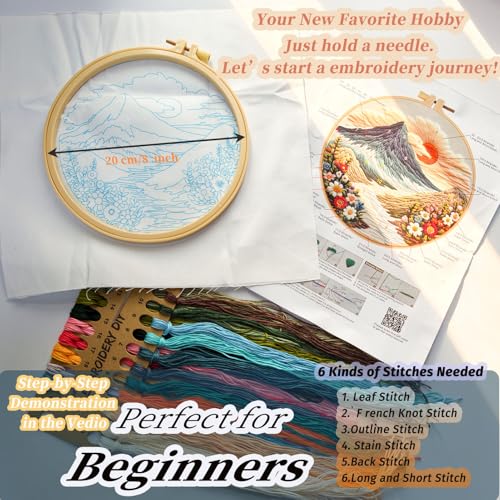 FONNUY Embroidery Kit for Beginners, Flower Hill Nature Landscape Pre-Stamped Pattern Kits for Adults with Hoop, Easy to Follow Color Thread Needlework, 8'' Hoop (Teal Blue)