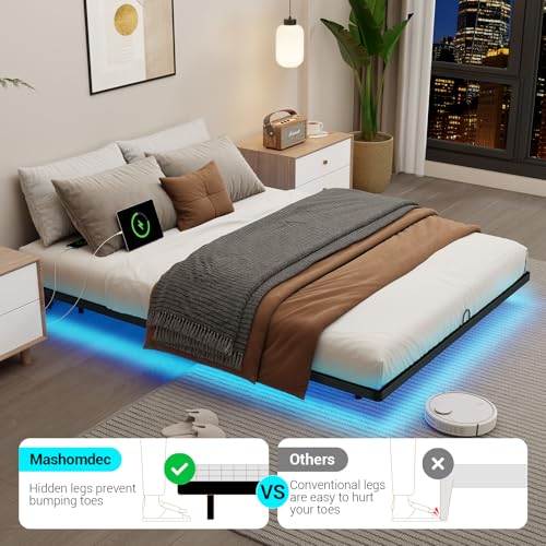 Mashomdec King Size Floating Metal Bed Frame with Smart LED Lights & Charging Station, Metal Platform Bed Base No Box Spring Needed, Easy Assembly, Noise Free Mashomdec