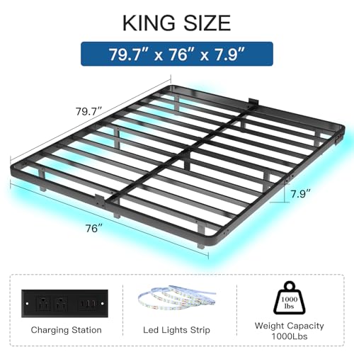 FviMzailon King Size Floating Bed Frame - Metal Platform Bed with Smart LED Lights & Charging Station, No Box Spring Needed, Easy Assembly FviMzailon