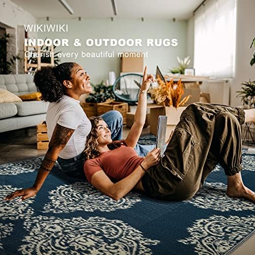 wikiwiki Outdoor Rug, 8x10ft Waterproof Reversible Mat Indoor Outdoor Rugs Carpet, Small Area Rug Plastic Straw Rug for Patio Deck Balcony Pool RV Camping Beach Picnic, Blue & Beige, Rugscape Series wikiwiki