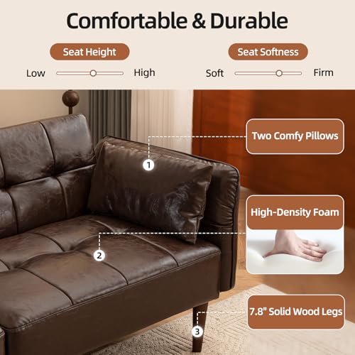 HALLYBEE 85” Futon Sofa Bed, Sleeper Sofa, Small Couch with Storage Adjustable Armrests Pillows, Faux Leather Loveseat, Mid Century Modern Couches for Living Room, Bedroom, Apartment, Coffee Brown HALLYBEE