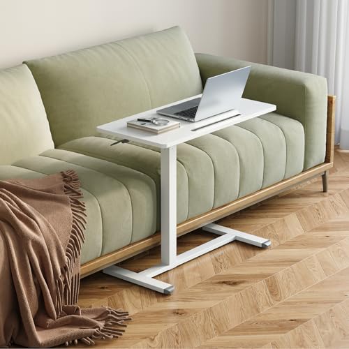 Gibbon Mounts Medical Adjustable Overbed Bedside Table, 32 Inch Pneumatic Mobile Standing Desk with Hidden Wheels, Rolling Laptop Cart for Home, Hospital, White Gibbon Mounts