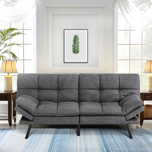MUUEGM 71" Futon Sofa Bed, Convertible Couch Filled with Memory Foam, Modern Loveseat with Adjustable Backrest&Armrest, Sofas for Living Room,Game Room,Dormitory,Office.Grey Fabric MUUEGM