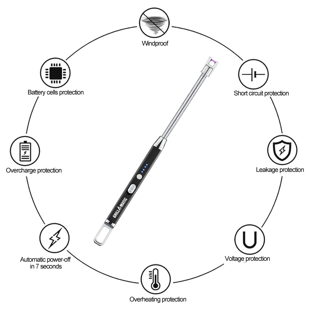 GRILLMATIC Windproof, Rechargeable, Flexible Neck, Lithium Ion, Electronic, Butane Free, Flameless, USB Grill Lighter GRILLMATIC
