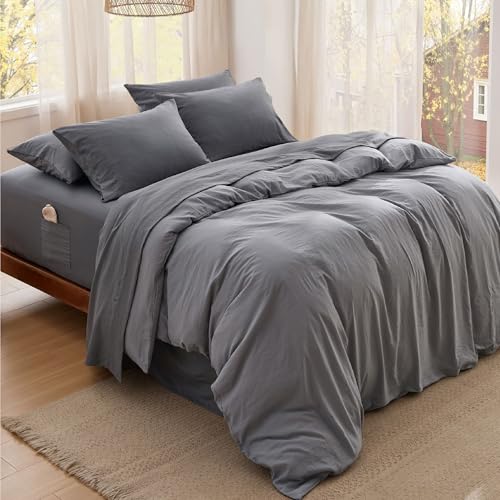 Bedsure Deep Pocket Queen Sheets - 6 Piece, Prewashed Ultra-Soft Queen Sheet Set, Fits Mattresses Up to 18 Inches Thick, Breathable & Secure Fit, Hotel Luxury Bedding, Grey Bedsure