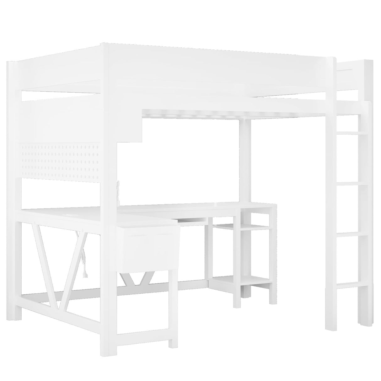 Merax Full Size Gaming Loft Bed with L Shape Desk, Storage Shelves, Sturdy Wood Loft Bunk Bed Frame with Charging Station and Lights, No Box Spring Needed, Space-Saving, Noise Free, White Merax