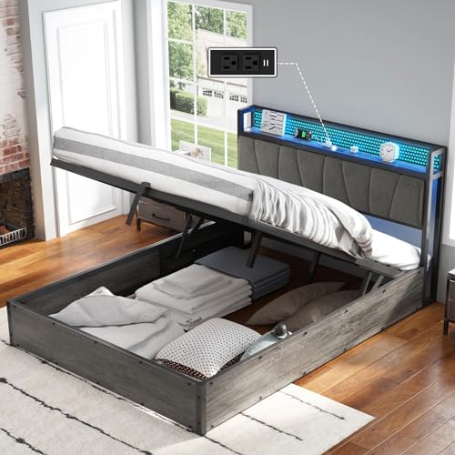 AMERLIFE Queen Size Lift Up Bed Frame with Linen Upholstered & LED Light & Storage Headboard, Platform Bed Frame with Charging Station, No Box Spring Needed, Noisy Free, Rustic Grey AMERLIFE