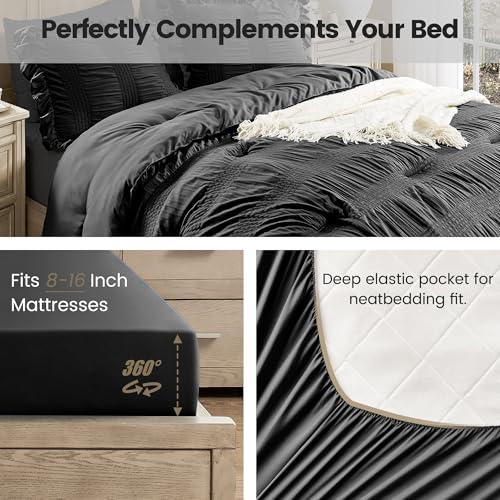 QUIETSEA Twin Comforter Set Seersucker 5 Pieces Luxury Ruffle Bed in a Bag Twin Size for All Season Black Bedding Set with Comforter, Pillowcase, Flat Sheet, Fitted Sheet and Pillow Sham QUIETSEA