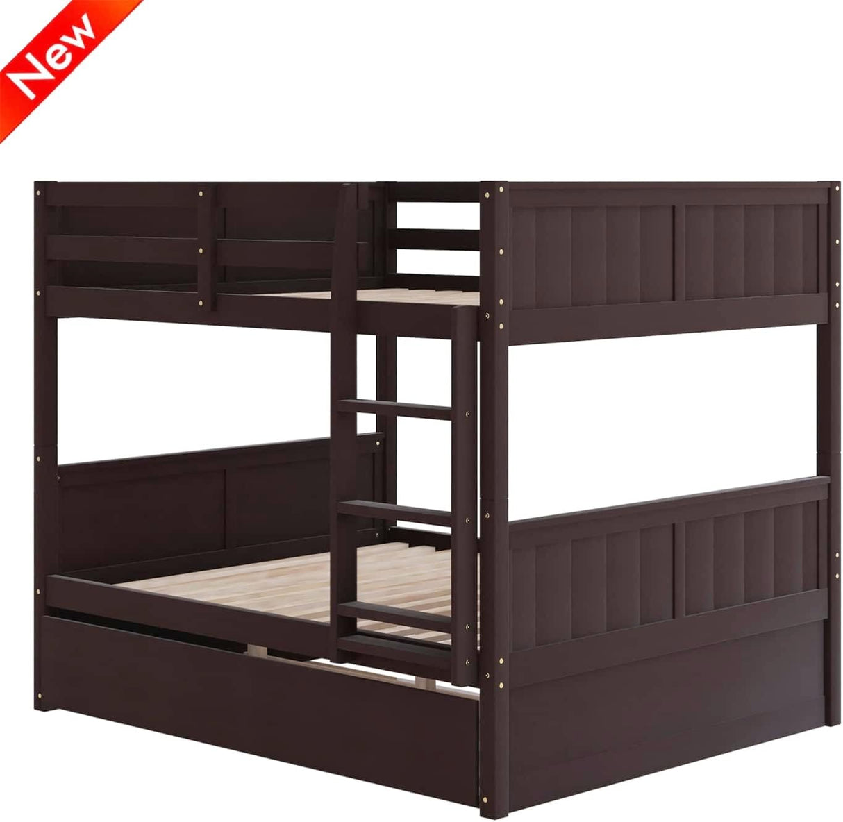 TSAMPA Latest Upgraded & Stronger Heavy Duty Solid Wood Full Over Full Bunk Bed with Trundle, Thickened Safer Convertible Bunkbed Frame (Easier to Assemble) (Espresso) TSAMPA