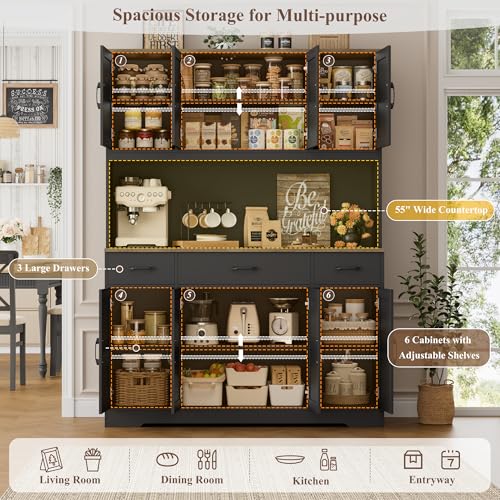 HOSTACK 71" Tall Pantry Cabinet with Charging Station, 55" Wide Kitchen Pantry Storage Cabinet with Countertop, Large Kitchen Hutch with Storage Drawers and Doors for Dining Room, Living Room, Black HOSTACK