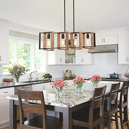 Dining Room Light Fixture Farmhouse Pendant Lights Kitchen Island Rustic Kitchen Light Fixtures 4 Lights Wood and Black Metal Rectangular Chandelier Ceiling Hanging Lighting 35.4" Poroulux