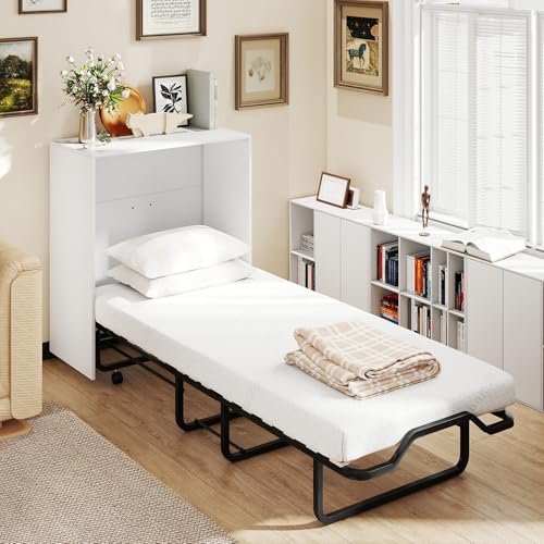 Giantex Murphy Bed Cabinet with Mattress - 74" x 31" Cot Size Folding Bed w/Storage, Metal Frame & Lockable Rolling Wheels, Space-Saving Roll Away Beds with Mattresses for Adults Guests (White) Giantex