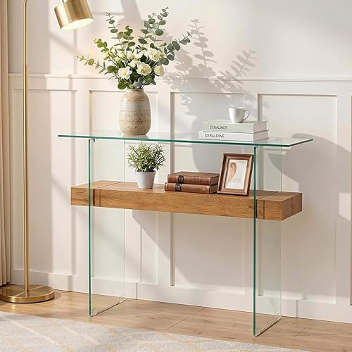 ivinta Glass Console Table with Storage, 39.4" Modern Narrow Entryway Table for Living Room, Entrance, Hallway or Bedroom 5101 (Natural Wood) ivinta