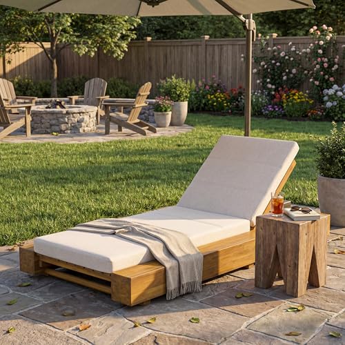 Christopher Knight Home Tory Acacia Wood Chaise Lounge Chair Outdoor, Poolside Sun Lounger Recliner, Patio Outdoor Chaise Lounge with Cushions, Adjustable Backrest Single Lounge Sofa, Beige+Teak