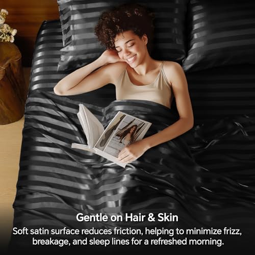 BEDELITE Satin Sheets King Size, Luxury Jacquard Striped Black Bedsheets Set with Elastic Corner Straps, Similar to Silk Sheets Set 4 PC with 1 Deep Pocket Fitted Sheet, 1 Flat Sheet, & 2 Pillowcases BEDELITE