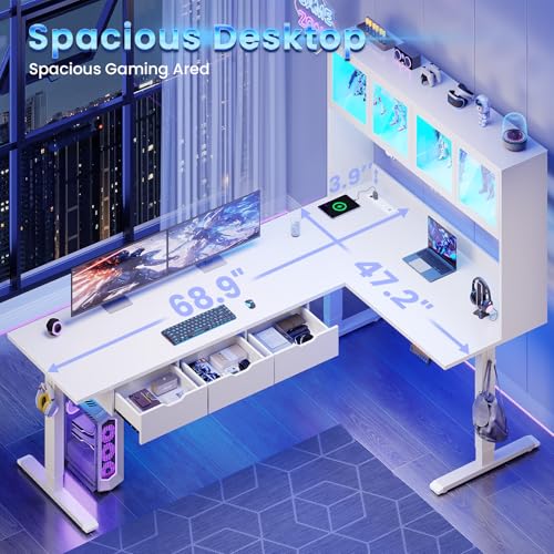 SEDETA 68.9" Standing L Shaped Gaming Desk, Office Computer Desk with Storage Hutch and Drawers, Stand Up Corner Desk with Pegboard & Led Lights for Home Office, White SEDETA