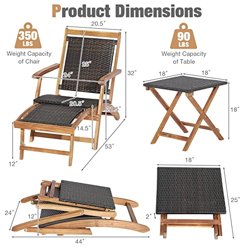 RELAX4LIFE Patio Chaise Lounge Chair Set of 3, Acacia Wood Folding Rattan Wicker Chairs w/Retractable Footrest, Side Table, 3-Piece Outdoor Patio Furniture, Fire Pit Deck Chairs Set for Porch Poolside