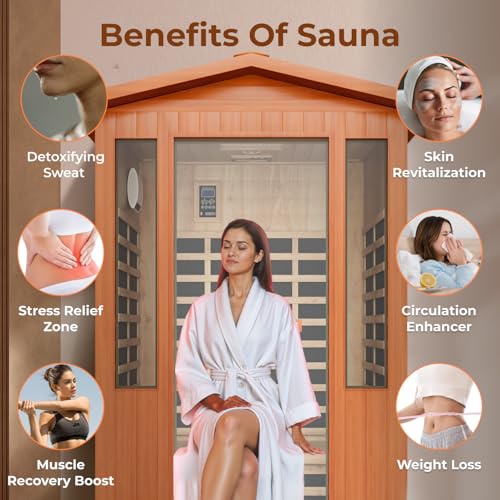 2 Person Far Infrared Sauna, Outdoor Sauna Red Cedar Wood, 2080W Low EMF 110V with 8 Heaters, Chromotherapy Lights, Oxygen Bar, Control Panel & Beauty Light for Yard, Deck, Pool, 48.8 * 38.2 * 81.9 In LINKHOO