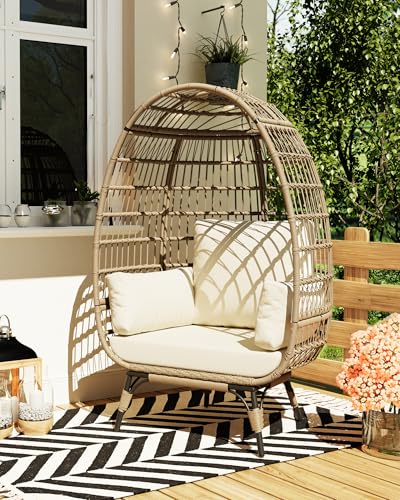 GarveeLife Oversize Rattan Egg Chair Indoor/Outdoor Wicker Egg Basket Lounge Chair Egg-Shaped Chair w/Steel Frame Stand and 4 Cushions for Patio, Porch, Beige GarveeLife