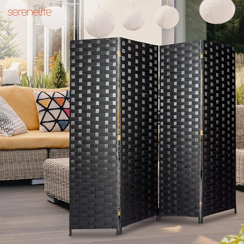 SereneLife 4-Panel Folding Room Divider, Woven Fiber Privacy Screen, Portable Partition for Room Separation, Lightweight Decorative Screen for Living Room, Office, Porch, and Dressing Area, 71” x 18” SereneLife