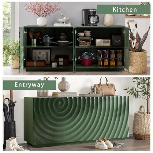 NTYUNRR 59" Buffet Sideboard Cabinet with Storage, Mid Century Modern Accent Credenza with Shelves, Media Console with 4 Doors, Coffee Bar Table for Entryway Living Room Dining Room Kitchen, Green NTYUNRR