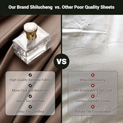 Shilucheng 4 Piece King Sheet Sets, Cooling Sheets, Blend Rayon Derived from Bamboo, Deep Pocket Up to 16", Breathable & Soft Bed Sheets, Hotel Silky Bedding Set, Brown Shilucheng