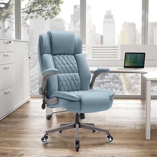 Large High Back Office Chair - Adjustable Lumbar Support Flip Up Arms Heavy Duty Quiet Wheels Metal Base Breathable Bonded Leather Ergonomic Executive Computer Desk Chair with Storage Bags, Blue HAMAOKA