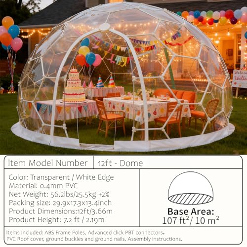 Garden Dome Tent, 12 x 7.2 ft Outdoor Clear Tent House for 4-7 Person, Waterproof PVC Bubble Dome House for Backyard Party Camping WUHUWOO