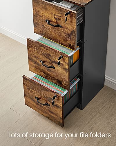 VASAGLE 3-Drawer Vertical File Cabinet, Filing Cabinet for Home Office, Printer Stand, with 3 Lockable Drawers, Adjustable Hanging Rail, for A4 and Letter-Size Files, Rustic Brown and Black UOFC055B01 VASAGLE